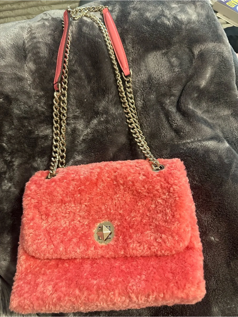 Kate Spade Plush Pink Faux Fur Shoulder Bag with Chain Strap